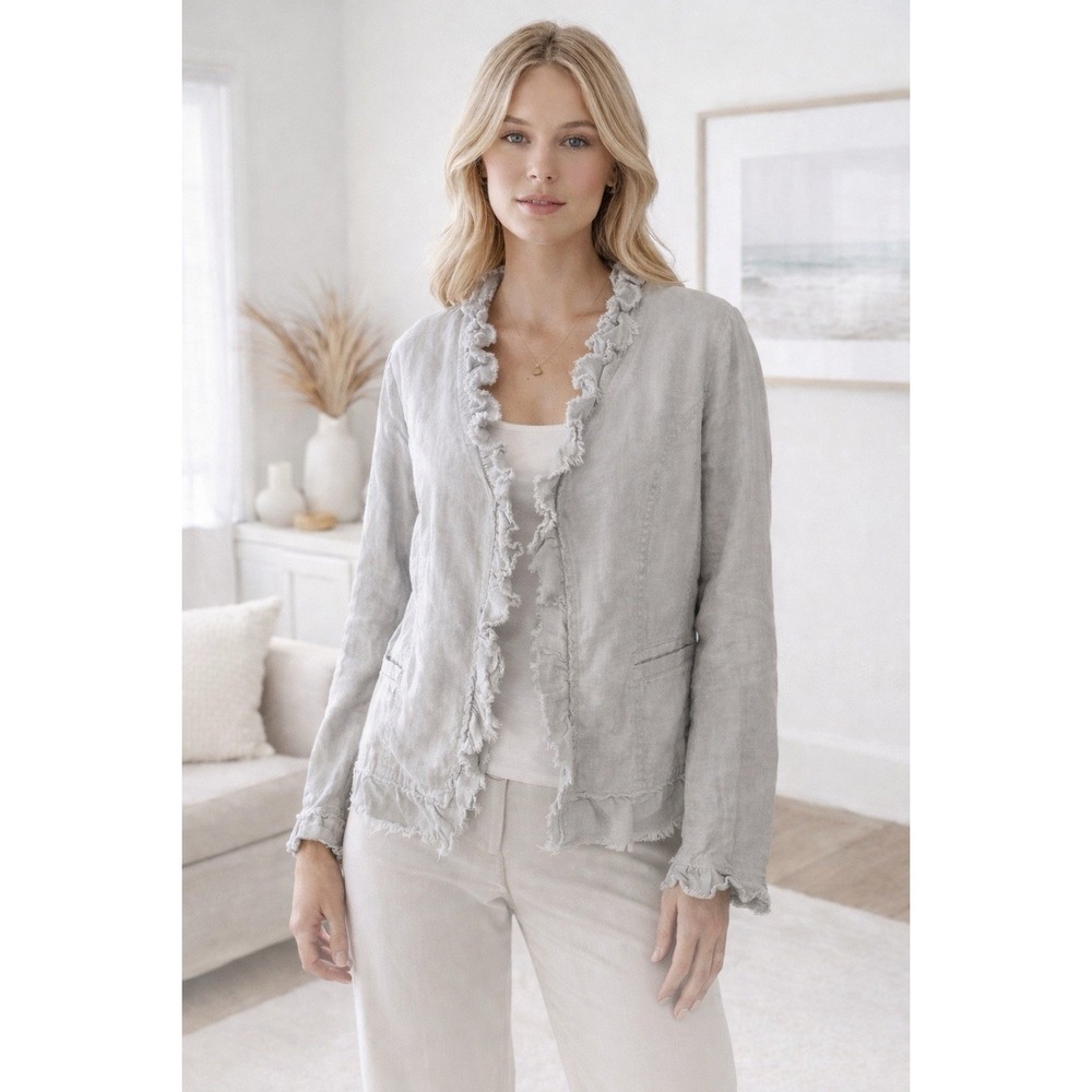INC Women's XL Ruffle Trim Linen‎ Look Jacket Light Gray Boho Lagenlook Layering